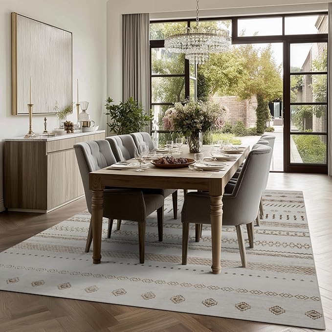 4x6 Washable Area Rug for Living Room, Carpet for Bedroom,Boho Soft Faux Wool Retro Dining Room Rug, Non Slip&Non-Shedding Resistant Low Pile Vintage Print Rug for Home Office (Beige)