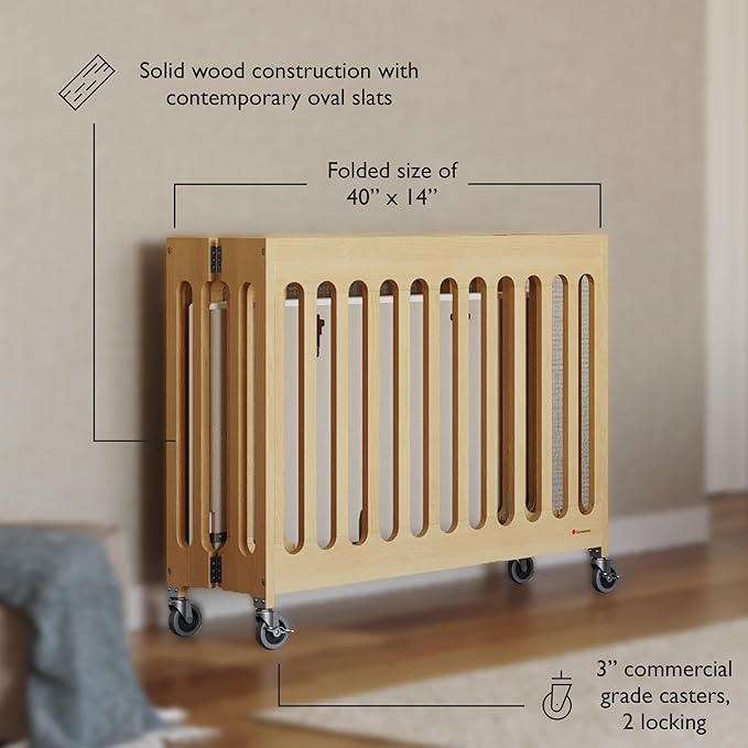 Foundations Boutique Folding Hotel Crib and Sheet Bundle - Includes Wooden Mini Crib with 3" Foam Mattress (Natural) and 6-Pack White Fitted Compact Sheets