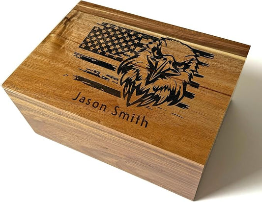 Personalized American Flag Gift Box - Engraved Memory Box, 5 Year Anniversary Wedding Gift for Men, Boyfriend, Acacia Wood Decorative Chest, Keepsake Boxes with Custom Hidden Message, 11x8x4.75 in