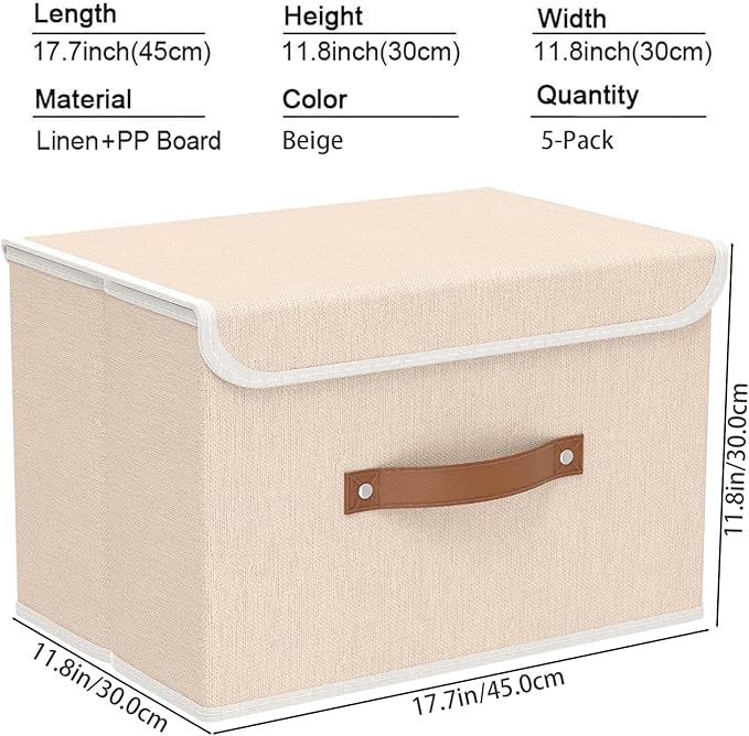 Yawinhe Collapsible Storage Boxes, Linen Fabric Baskets, Bin with lid and Leather Handle, Washable, for Home, Closet, Beige, 17.7''Lx11.8''Wx11.8''H, 5-Pack, USNK024BEX-5