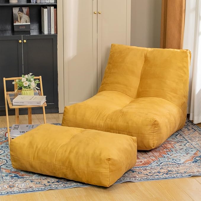 Bean Bag Chair with Ottoman, Comfy Bean Bag Sofa with Memory Foam, Lazy BeanBag Sofa with Footstool, Fireside Bean Bag Couch for Living Room, Bedroom, Apartment