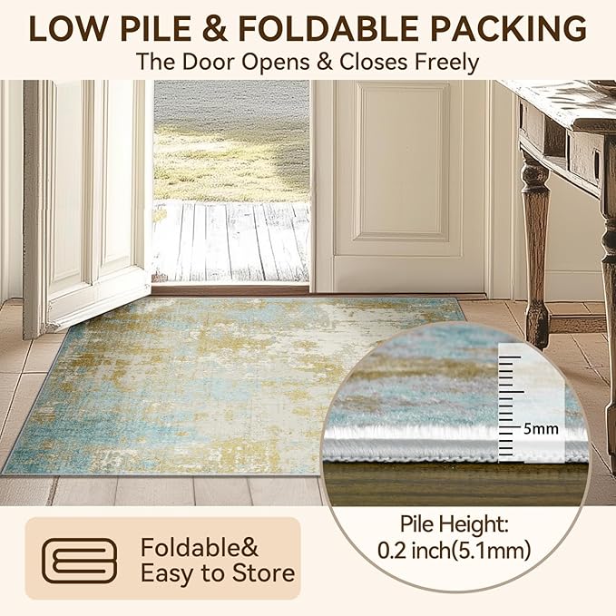 Washable Area Rugs 5'x7' Non-Slip Modern Abstract Soft for Living Room Entryway Bedroom Nursery, Print Pattern, Teal Blue Taupe