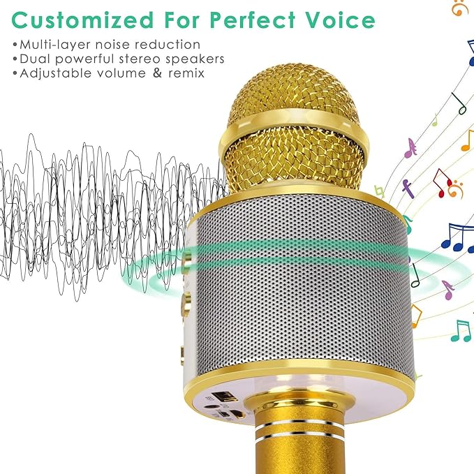 KIDWILL Wireless Bluetooth Karaoke Microphone for Kids, 5-in-1 Portable Handheld Karaoke Mic Speaker Player Recorder with Adjustable Remix FM Radio for Kids Girls Boys Teens Birthday (Gold)
