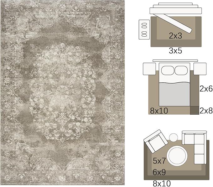 jinchan Floral 2x3 Rug for Entryway - Vintage Washable Area Rug Ultra-Thin Low Pile Soft Small Non-Slip Distressed Indoor Doormat Accent for Entrance Kitchen Bedroom Bathroom (2x3ft,Brown)