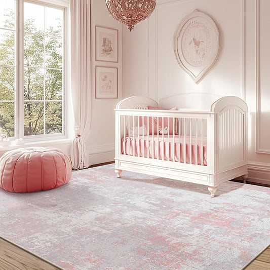 Washable Area Rugs 6'x9' Non-Slip Modern Abstract Soft for Living Room Entryway Bedroom Nursery, Print Pattern, Grey Pink