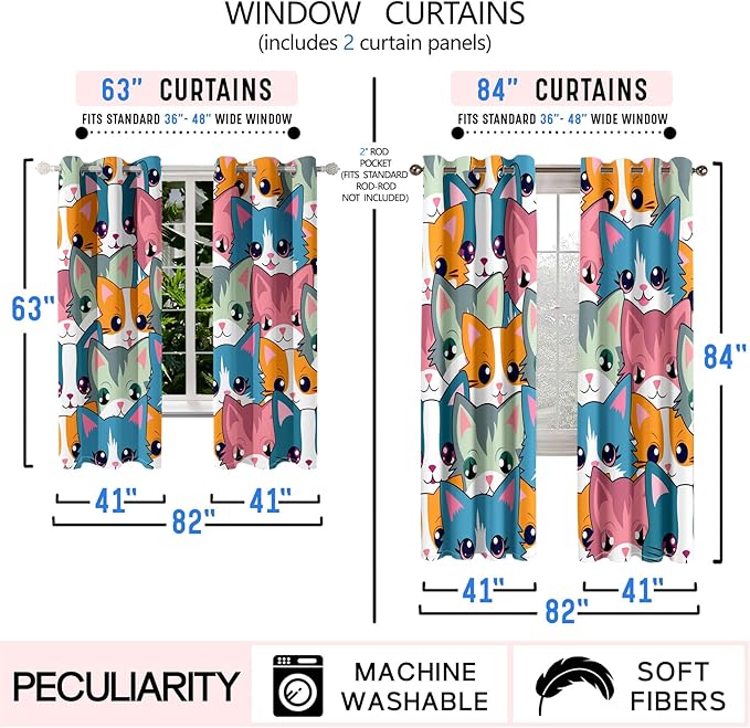 Cat Curtain Panels for Girls - 2Pcs Cat Blackout Curtains for Girls Bedroom, 84W x 84L