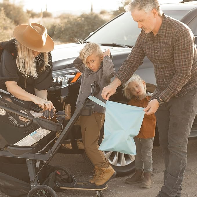 Tiny Twinkle Mess-Proof Waterproof Wet Dry Bag | 2-Pack Reusable Wet Bags for Swimsuits & Baby Clothes | Leakproof Wet Bag for Travel & Diaper Changes for Baby (Space, Ice Blue)