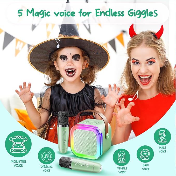 Kinglucky Mini Karaoke Machine for Kids, 2025 TOP Birthday Gifts Ideas for 3-12 Year Old Girls, Christmas Party Gifts Kids' Personal Video Players Accessories with 2 Wireless Microphones - Green