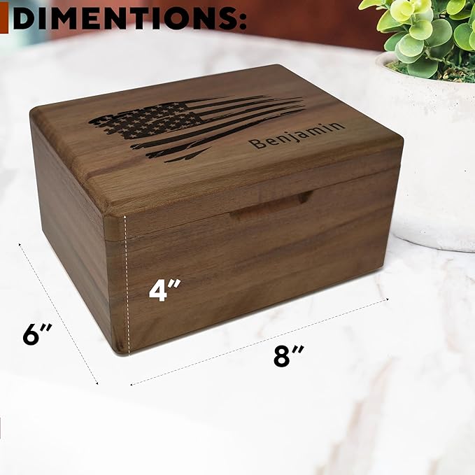 USA Flag Box with Name - Wooden Keepsake Box for Mens, Boys, Wooden Anniversary Wedding Gift for Men/Women, American Flag Gifts for Men, Personalized Memory Boxes, Trinket Boxes, 8 x 6 x 4 in