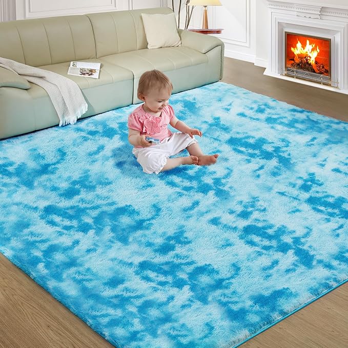 Ultra Soft Rug for Living Room, 5X8 Fluffy Shag Area Rug for Bedroom, Modern Shaggy Carpets Fuzzy Rug for Teens Dorm Nursery Home Decor Aesthetic, Upgrade Anti-Skid Durable, Tie-Dyed Blue