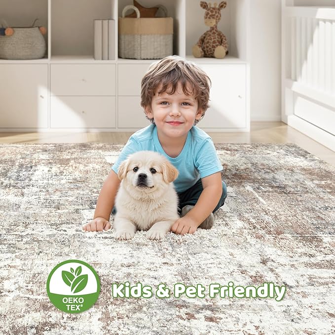 5x8 Area Rug Living Room: Machine Washable Large Abstract Modern Soft Rugs Stain Resistant Indoor Floor Non Slip Accent Carpet for Bedroom Nursery Playroom Office Dining Room Dorm Home House- Brown