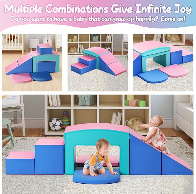 SURPCOS Crawl and Climb Foam Play Set, 6 Pcs Climbing Toys for Toddlers 1-3, Climb and Crawl Activity Playset, Soft Play Equipment Crawling and Sliding (Blue&Pink) 6 peices