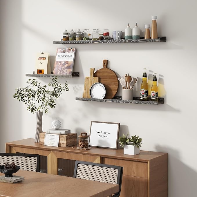 Picture Ledge Wall Shelves 16 inches Width Set of 3, Solid Pine Wood Rustic Floating Ledge Shelves for Wall for Kids' Room Bedroom Kitchen Bathroom Living Room Nursery Display Decor, Grey