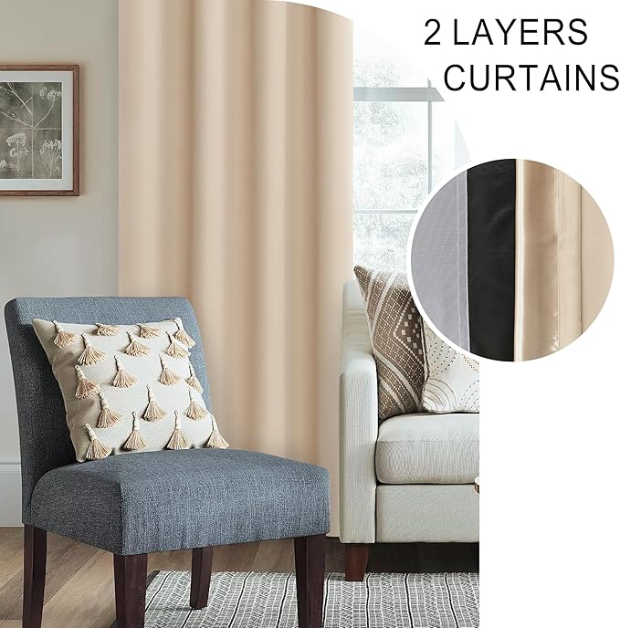 XWZO 100% Blackout Curtain Panels Rod Pocket Thermal Insulated Black Liner, Noise Reducing and Heat Blocking Drapes for Bedroom Windows with Tiebacks, Biscotti Beige, W60 x L84, Set of 2 Panels