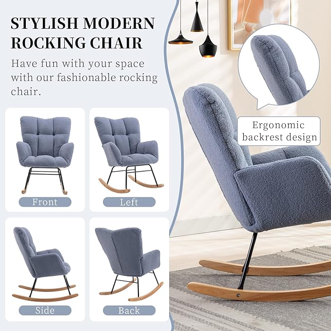 NIOIIKIT Nursery Rocking Chair Teddy Upholstered Glider Rocker Rocking Accent Chair Padded Seat with High Backrest Armchair Comfy Side Chair for Living Room Bedroom Offices (Light Blue)