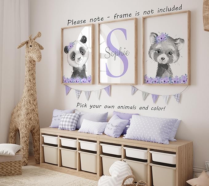 Safari Animals Girls Nursery Bedroom Unframed Set of 3 Poster Prints, Personalized Name Pink or Purple Flowers Wall Art Decor New Baby Gift Present, Elephant Giraffe Panda Zebra Lion (9x12)