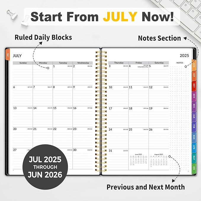 SUNEE Academic Planner 2025-2026 Weekly and Monthly, July 2025-June 2026, 8.5"x11", Tabs, Note Pages, Pockets, Bookmark, Flexible Cover, Spiral Binding, Black