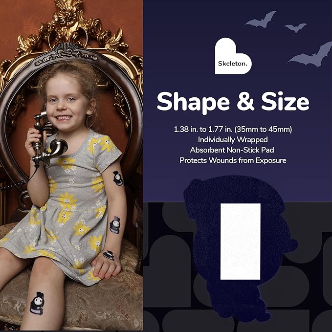 BioSwiss Bandages, Halloween Skeleton Shaped Self Adhesive Bandage, Latex Free Sterile Wound Care, Fun First Aid Kit Supplies for Kids, 50 Count