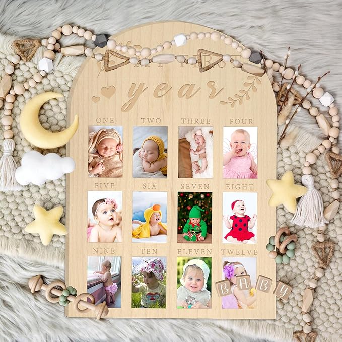 My First Year Photo Display Wood Board Baby's First Year Photo Frame Milestone Board 12 Months Baby Picture Frame 1st Birthday Nursery Decorations for Boy Girl Baby Keepsake Gift for Mom (2" x 3" photos - Wallet Size)