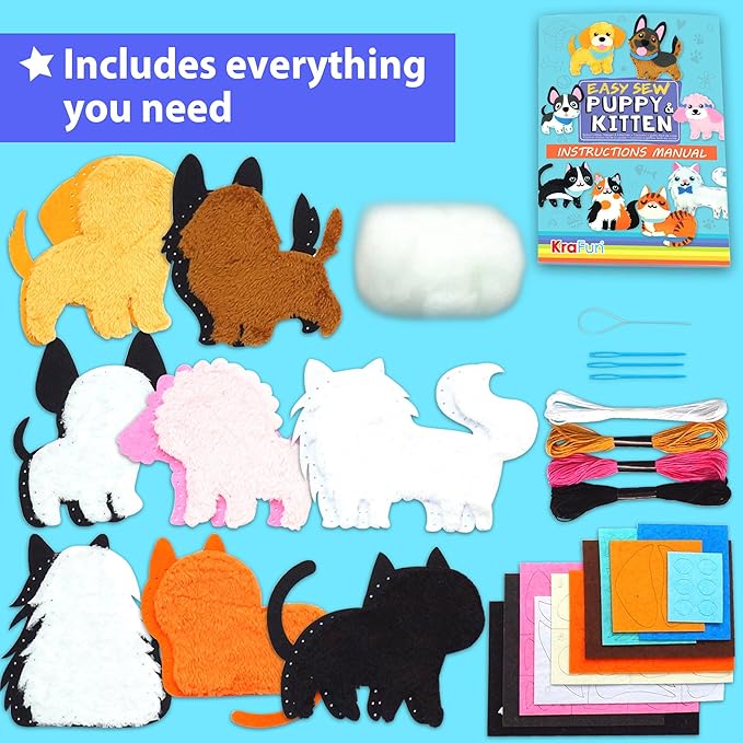 KRAFUN Easy Sewing Kit for Beginner Kids Arts & Crafts, 8 Easy DIY Projects of Stuffed Animal Dolls of Puppies & Kittens, Dogs and Cats, Instructions & Felt, Gift for Girls, Boys, Learn to Sew