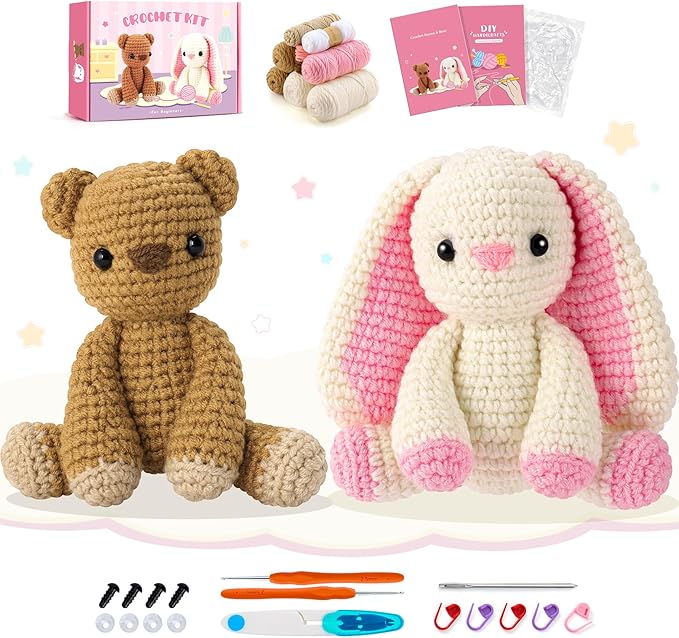 Crochet Kit for Beginners, Bunny and Bear Crochet Animal Kit with Step-by-Step Video Tutorials, Crocheting Kit for Starters, Beginner Crochet Kit for Kids and Adults, DIY Stuffed Animal Knitting Kit