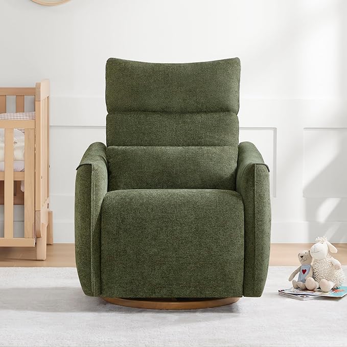 CHITA Swivel Rocker Recliner Chair, Power Nursery Glider Recliner, Nursery Rocking Chair with Adjustable Power Headrest, FSC Certified, Solid Wood Base, Moss Green