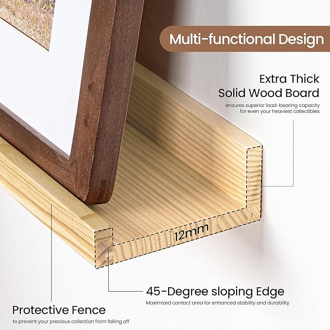 Picture Ledge Shelf, Solid Pine Wood Floating Shelves Set of 2, 48 Inches Nursery Book Shelves for Toys Storage, Kids Bookshelf Wall Mounted for Living Room Decor Photo Frames, Unfinished Natural