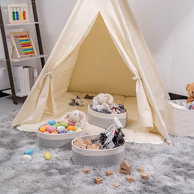 Shelf Storage Baskets for Organizing|Decorative Basket for Closet Storage|Toy Baskets&Bins|Small Woven Rope Baskets-13x8.66x5.11’’,Durable&Stylish,Oval 3 Packs Off White&Mixed Gray