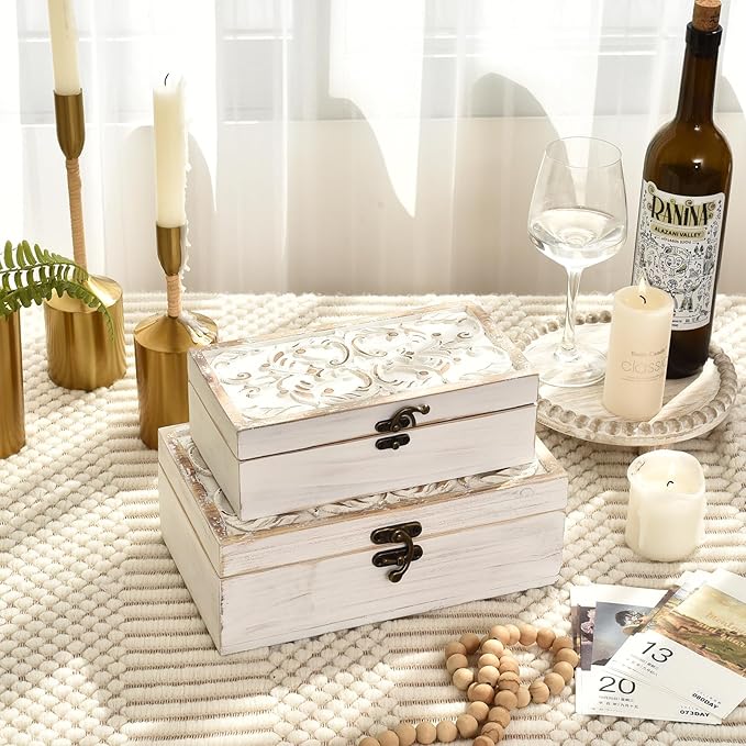 Decorative Wooden Box with Hinged Lid - Timeless Carved Floral Storage for Rustic Farmhouse Decor, Set of 2, White