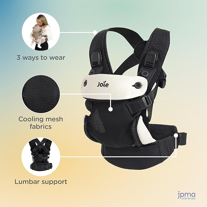 Joie Savvy Lite Air 3-in-1 Baby Carrier – Lightweight, Ergonomic Baby Carrier with 3 Carry Positions, Breathable Fabric, Padded Straps, and Lumbar Support (Jet)