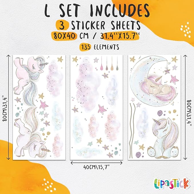 Unicorn Wall Decals by Lipastick - Vibrant Glitter Moon, Stars, Cloud Stickers for Girls Bedroom, Baby Nursery, Kids Room, Birthday Party Decor Art- Wall Stickers for Girls Room