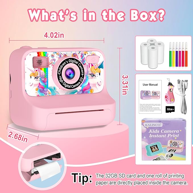 Kids Camera, Upgrade Kids Camera Instant Print, Front Rear Dual Selfie Digital CAM with 1080P Videos, Portable Travel Toy with Games and Music, Christmas Birthday Gift for Boys, Girls and Teens