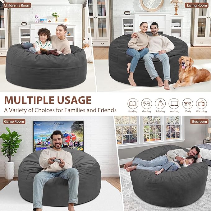4FT Bean Bag Chair, Large Bean Bag Chairs with Memory Foam Filled, Fluffy Beanbag Sofa with Dutch Velvet Cover, Round BeanBag Chairs for Living Room, Playroom - Grey