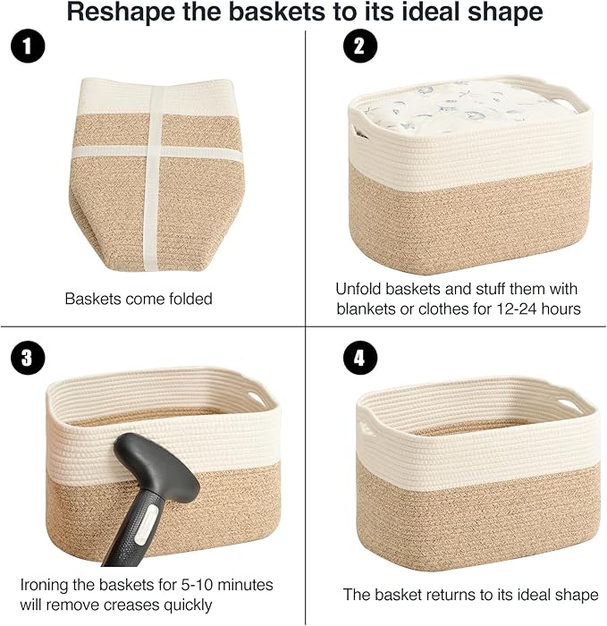 Large Storage Baskets for Organizing Shelves, Woven Cotton Rope Bins for Baby Nursery Organization, Book Toy Towel Organizer, 17"x13"x9.5", 3 Packs, Off White & Brown