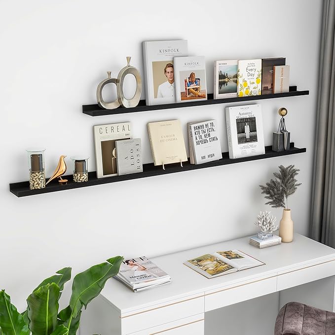 Solid Ash Wood Floating Shelves, Wood Picture Ledge Shelf Set of 2, 48 Inch Long Large Photo Ledge Shelves, Nursery Book Shelves Wall Mounted for Living Room Kids' Bedroom Decor, Black