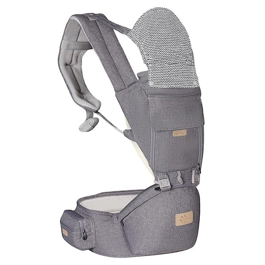 FRUITEAM 6-in-1 Baby Carrier with Waist Stool/Hip Seat for Breastfeeding, One Size Fits All - Adapt to Newborn, Infant & Toddler (Greyish)