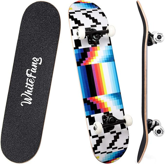 WhiteFang Skateboards for Beginners, Complete Skateboard 31 x 7.88, 7 Layer Canadian Maple Double Kick Concave Standard and Tricks Skateboards for Kids and Beginners