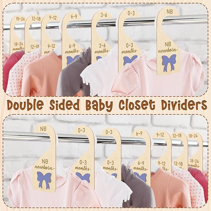 R HORSE Wooden Baby Closet Dividers - 8Pcs Double-Sided 3D Purple Bow Baby Closet Organizer Newborn Clothes Size Hanger Dividers Nursery Decor Baby Shower Birthday Gift for Boy Girl (0-24 Months)