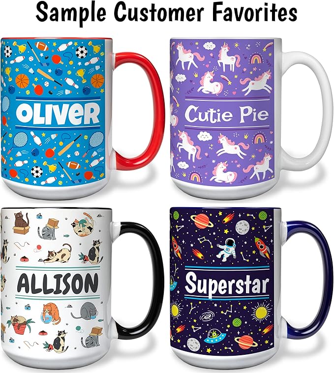Personalized Mug for Kids - Cats - Custom Name/Text, Ceramic Hot Chocolate/Cocoa/Coffee Cup for Boys/Girls, Birthday/Christmas/Holiday Gift - 15 oz, Black Handle