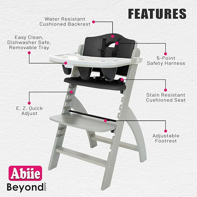 Abiie Beyond Junior Wooden High Chair with Tray - Adjustable and Convertible High Chair for Babies and Toddlers - 6 Months to 250 Lb - Water Resistant - Misty Grey Wood with Black Pearl Cushion