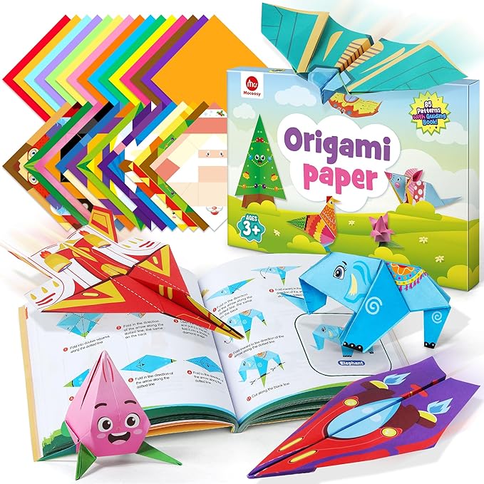 Mocoosy 320 Sheets Origami Kit for Kids Ages 5-8 9-12, Paper Airplane Kit, Color Folding Paper Set with Origami Book, Art & Craft for Boys Girls, Travel Game Airplane Car Road Trip Activity Toy Gifts
