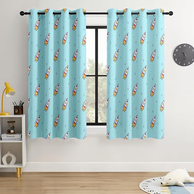 Kids Space Rockets Blackout Curtains - 100% Blackout, Thermal Insulated, Noise Reducing, Perfect for Kids Room and Nursery, 2 Panels (Aqua Mini Rockets, W52×L63)
