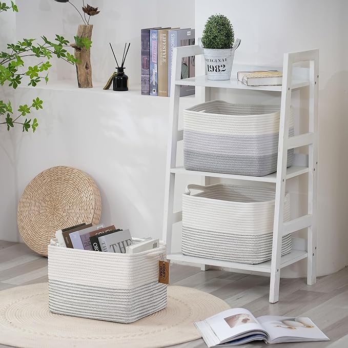 COMFY-HOMI Cotton Rope Woven Basket with Handles for Shelves,Toys,Book, Cloth Storage Baskets Bin for Organizing-13.5"x11"x9.5" Toy Decorative Organizer for Living Room, Bathroom-White/Black Line