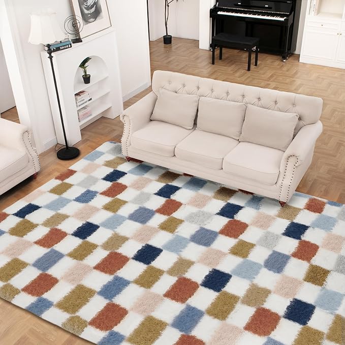Super Soft Rug for Bedroom, 3x5 Ft Rainbow Area Rug Classic Checkered Shaggy Rug Anti-Skid High Pile Soft Fluffy Fuzzy Carpet for Living Room Bedroom Kids Room Nursery, Dorm Home Decor
