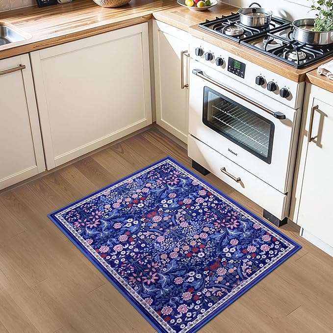 Entryway Rug 2X3 Small Rugs: Floral Washable Door Mat Vintage Soft Low Pile Non-Slip Kitchen Rugs Stain Resistant Indoor Throw Rug for Entrance, Bedroom, Kitchen, Laundry, Bathroom Blue