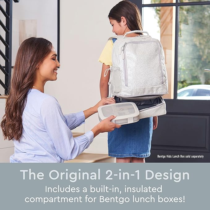 Bentgo Kids 2-in-1 Backpack & Insulated Lunch Bag - Glitter Designed 16” Backpack for School & Travel -, Durable, Water Resistant, Padded, & Large Compartments (Glitter Edition - Silver)