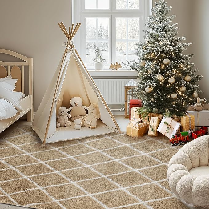 Fluffy Rug for Bedroom, Stripe Checkered Rug Anti-Skid High Pile for Living Room Bedroom Kids Room Nursery, Dorm Home Decor