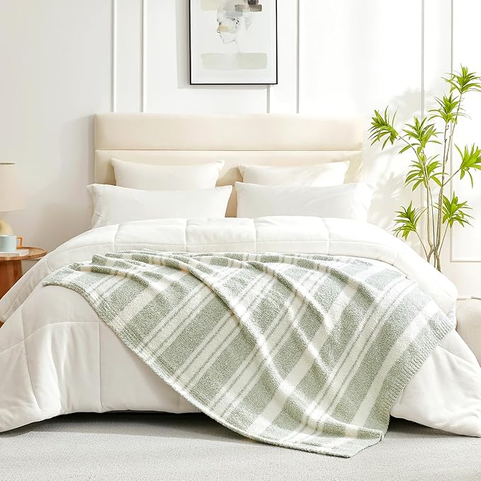 Snuggle Sac Stripe Sage Green Blanket Twin Size, Reversible Super Soft Warm Bed Blankets, Cozy Knit Fuzzy Blanket for Bed,Sofa, Living Room, Stripe Green, 60"x80"