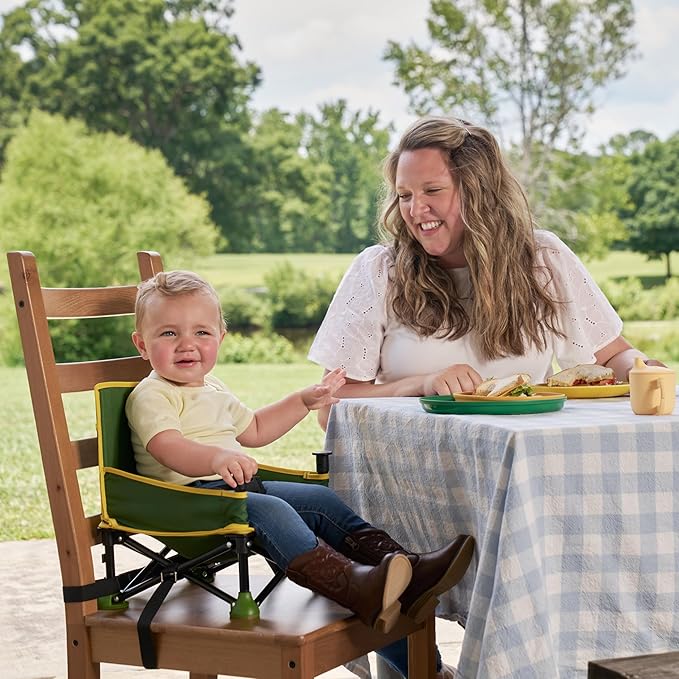 Bright Starts John Deere Pop 'N Sit Portable Booster Chair, Floor Seat, Indoor/Outdoor Use, Compact Fold, Green and Yellow, 6 Mos - 3 Yrs
