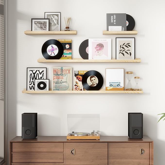 Pine Wood Nursery Book Shelves 3 Pack, Floating Ledge Shelves for Kids' Room, Bedroom, Bathroom, Long Floating Shelves for Wall, Natural